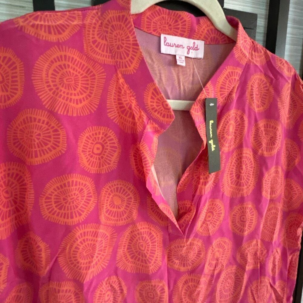NWT Lauren Gold 100% silk Palm Beach style pink orange cap sleeve printed blouse - Picture 2 of 4